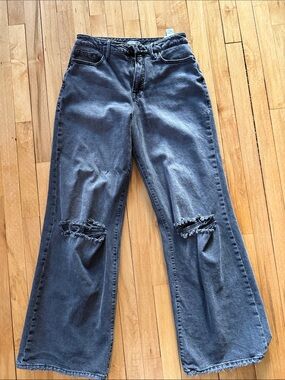 Good American good ease relaxed 4/27 Black Washed Distressed Wide-Leg Jeans